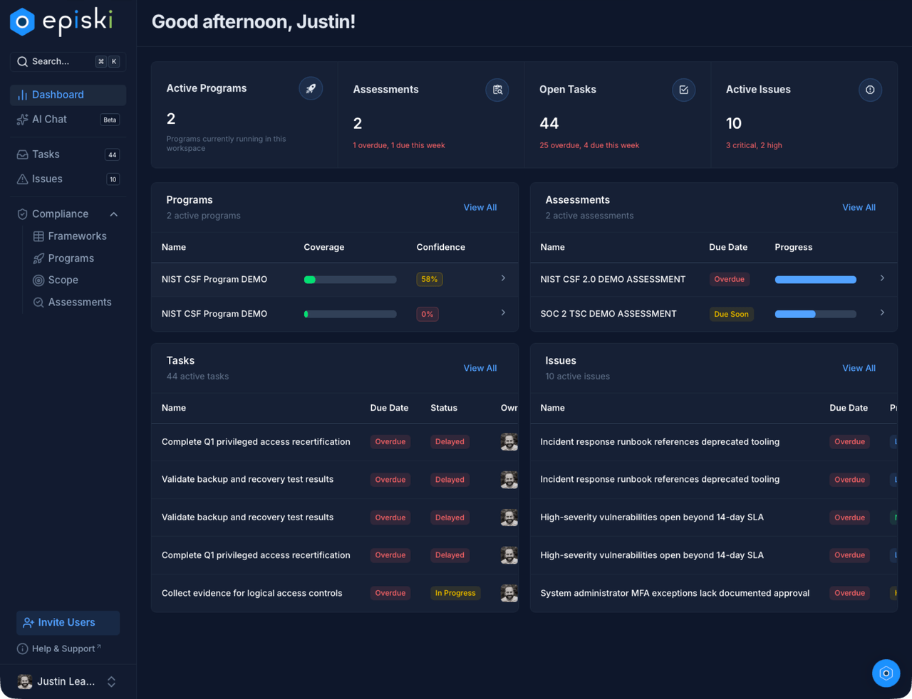 episki Compliance Platform workspace