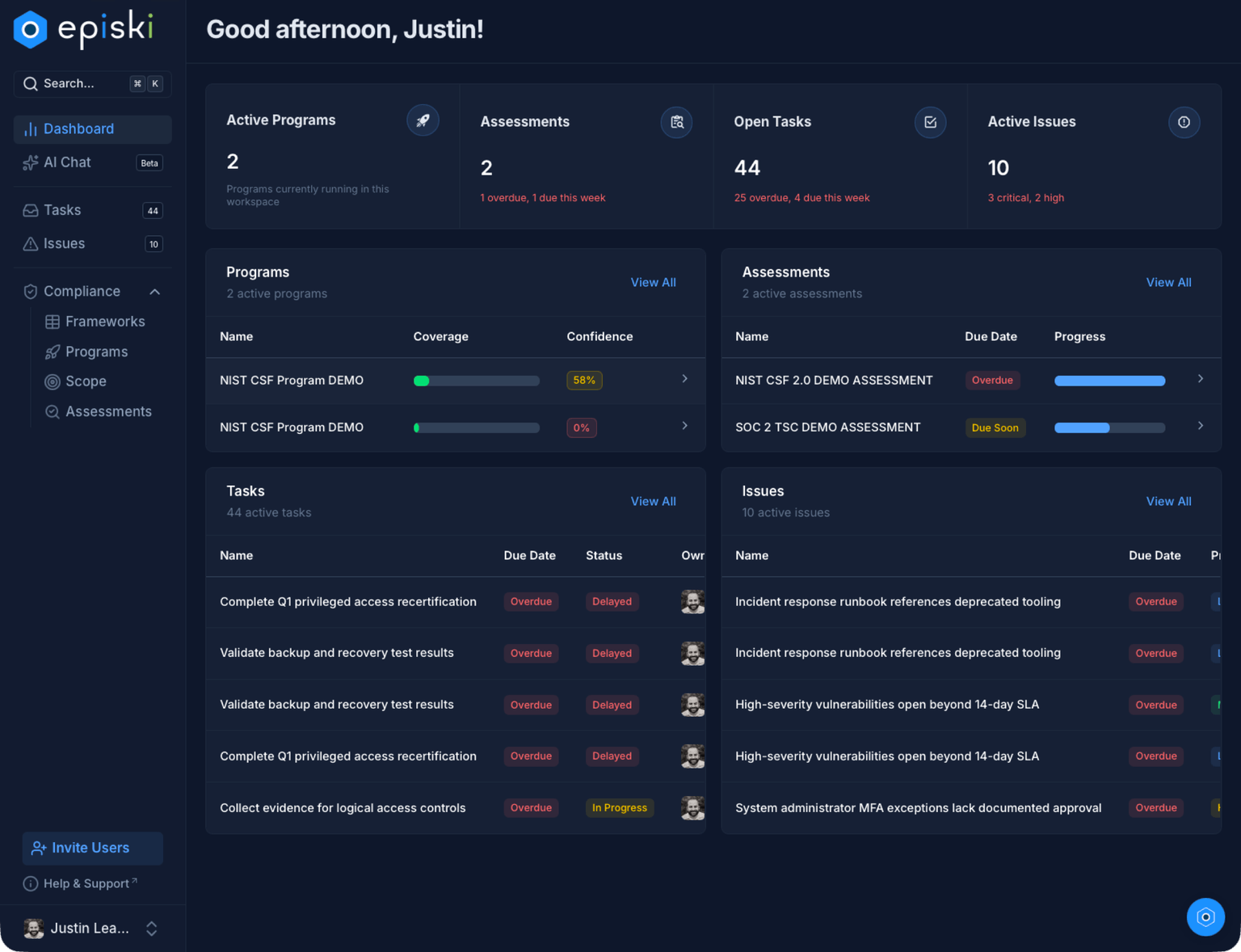 episki dashboard showing security controls, frameworks, and compliance workspace